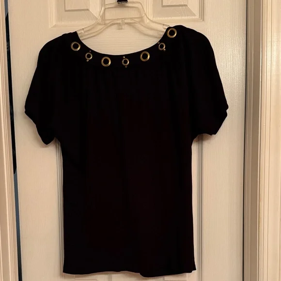 INC brand Black Short Sleeve Top with Gold Eyelet V-Neckline. Size Small - Picture 6 of 12